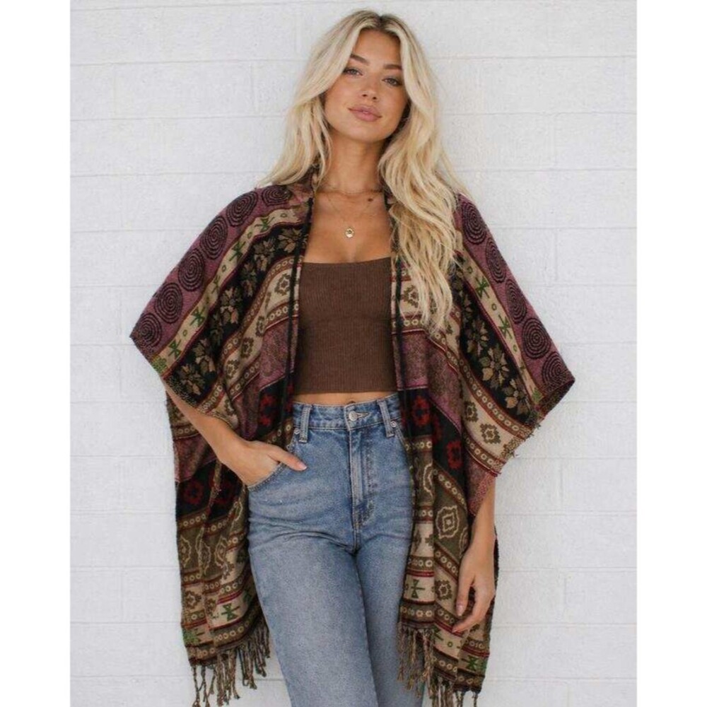 NWT Sacred Threads OS Exotic Woven Acrylic Open Hooded Poncho Jacket Cover-up